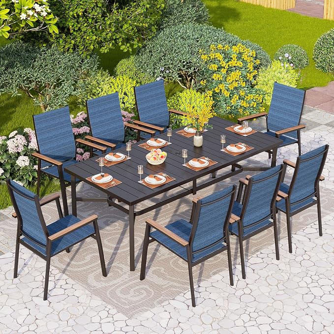 PHI VILLA Outdoor Dining Set for 8 w/Metal Table & Aluminum Chairs, Blue | Stackbale chairs, Breathable & quick-drying, Light-weight & space-saving, Rectangular Table, Umbrella Hole, Patio deck