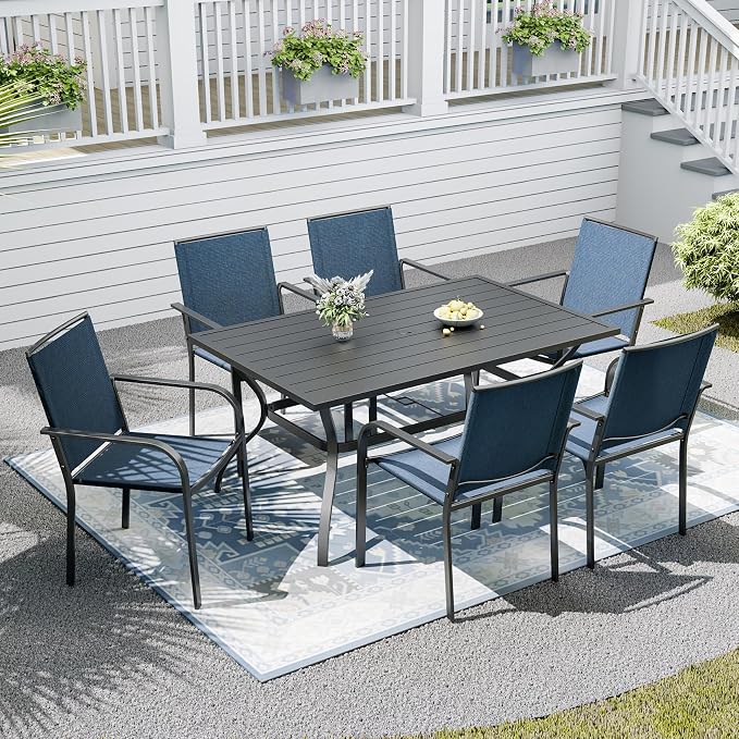 Patio Dining Set,Including 60"x 38" Steel Slat Dining Table and 6 Stackable Patio Chairs,Outdoor Furniture Set with 1.6" Umbrella Hole for All Weather
