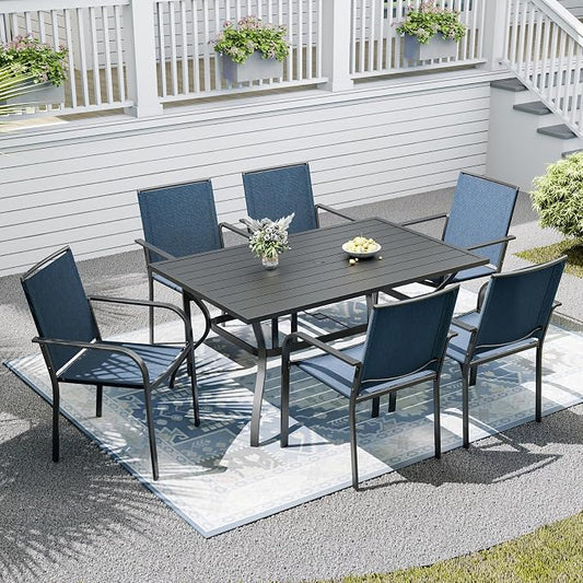 Patio Dining Set,Including 60"x 38" Steel Slat Dining Table and 6 Stackable Patio Chairs,Outdoor Furniture Set with 1.6" Umbrella Hole for All Weather