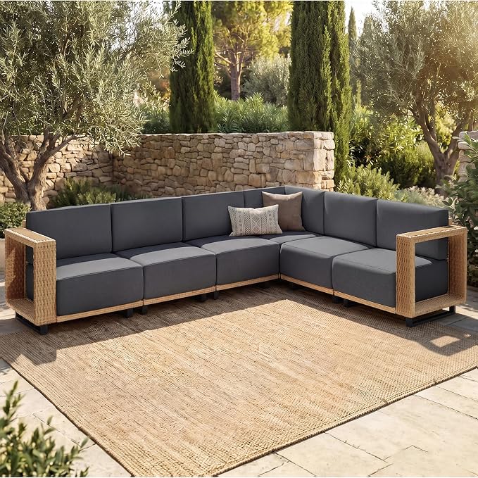 LazySunsets Patio Furniture Set, 6 Pieces Wicker Outdoor Sectional Sofa with 10'' Ultra-Thick Cushions & Ottomans, All-Weather Rattan Conversation Set for Backyard Poolside, Yellow/Dark Gray