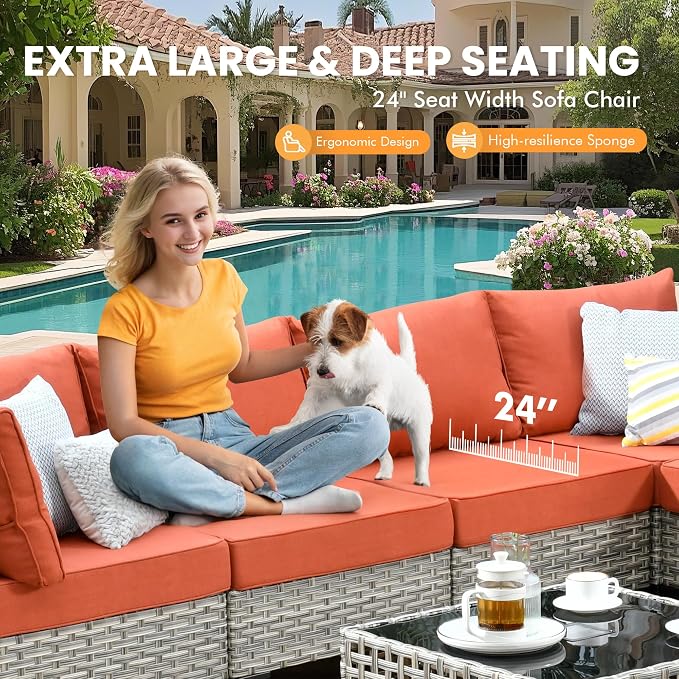 Outdoor Sectional Patio Furniture Set with Glowing Table,5 Pieces Wicker Conversation Sets L Shaped Couch Out Door Sofa Set Outside Furniture for Garden Deck Yard Porch,Red,