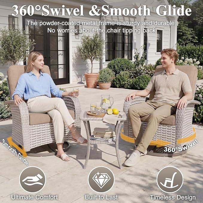 Patio Wicker Chairs Swivel Rocker, Outdoor Swivel Glider Rocker Chairs with Rattan Side Table, All Weather Conversation Set for Porch Poolside Balcony,Beige