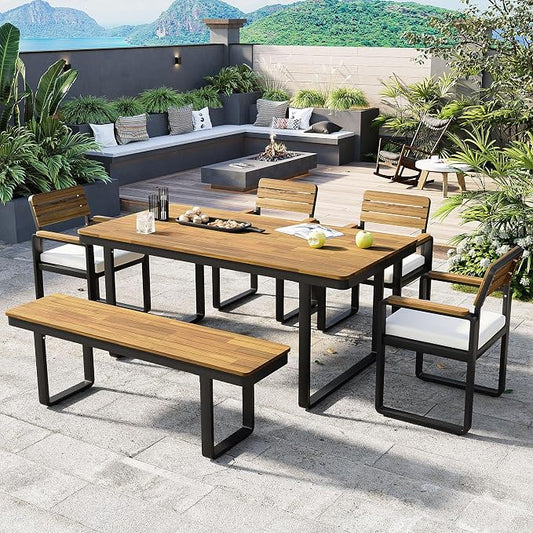 NicBex 6-Piece Patio Dining Set, Outdoor Table and Chairs for 6, Acacia Wood & Metal Frame with Umbrella Hole, Comfortable Cushions & Adjustable Feet, for Garden, Backyard, or Porch, Beige Cushions