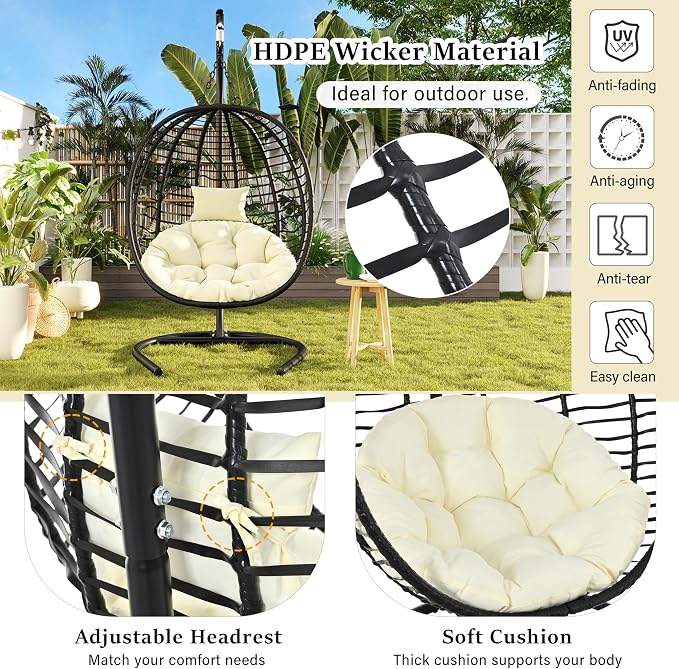 Folding Egg Chair, Outdoor Hanging Hammock Chair with Stand, Patio Wicker Hanging Chair with Iron Frame and Plush Cushion & Removable Headrest for Bedroom, Balcony, Garden (C-BlackBeige)