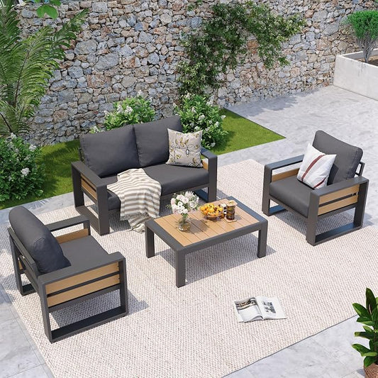 Aoxun Aluminum Patio Furniture Set, 4 Seats Sectional Metal Patio Furniture with Coffee Table and Thick Cushions, Modern Outside Sectional Set for Backyard/Garden/Poolside, Dark Grey