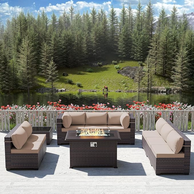 10 Pieces Outdoor Patio Furniture Set,Outdoor Sectional Furniture with 43" 55000 BTU Gas Propane Fire Pit Table,All Weather PE Rattan Wicker Patio Conversation Set,Sand