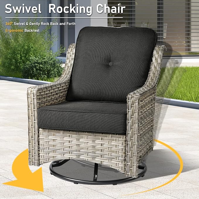 HOOOWOOO 9 Piece Patio Furniture Conversation Sets with Swivel Rocking Chairs,Outdoor Wicker Furniture with Ottoman,All Weather Resistant High Back Rattan Conversational Set(Black)