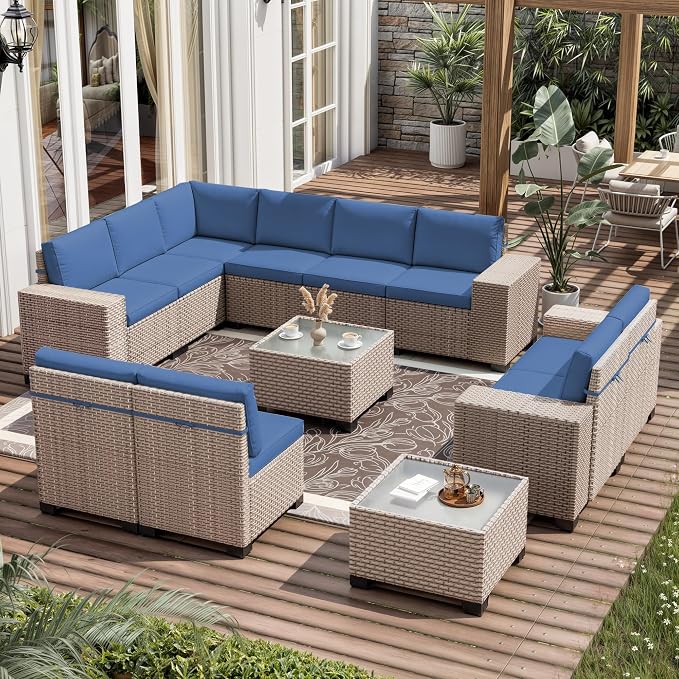 12 Pieces Patio Furniture Set, Outdoor Sectional Wicker Sofa with Thickened Cushions and Coffee Table, High Back Rattan Patio Conversation Sets for Garden Backyard, Navy