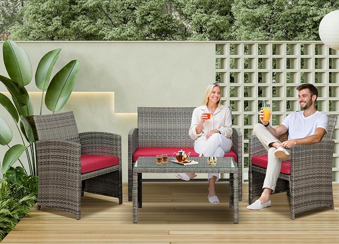 SUNLEI 4 Pcs Outdoor Patio Furniture Sets, Rattan Chair Wicker Conversation Set, Backyard Porch Garden Poolside Gray Rattan Sofa Chair with Cushion for Outdoor Indoor Use (Red)