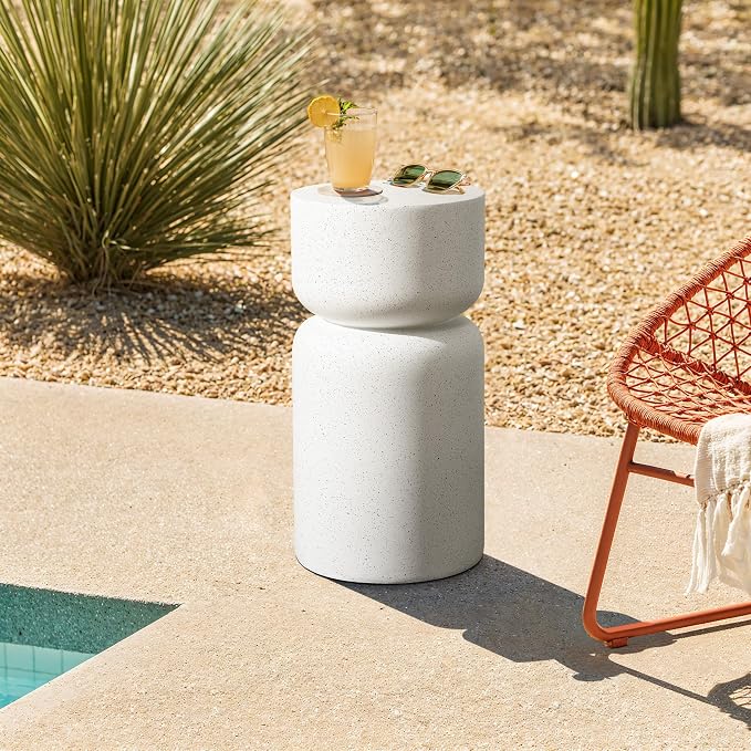 LuxenHome Outdoor Side Table, 21'' White with Gray Flecks Pillar Round Concrete Accent End Table, Garden Stool for Patio, Yard, Indoor Outdoor Coffee Furniture for Living Room