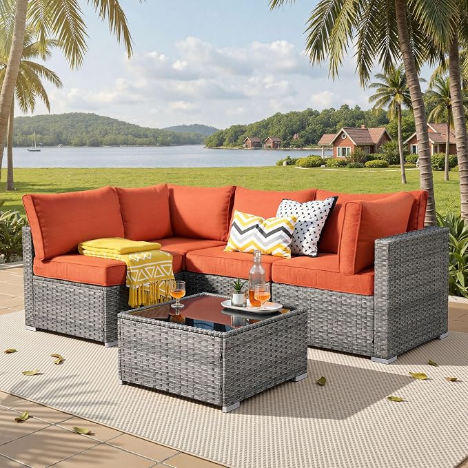 ovios Outdoor 5 Piece Coversation Set with Coffee Table,Sectional Patio Furniture Set with All-Weather Wicker Sofa,Modern Outside Couch for Balcony Backyard Pool, Orange