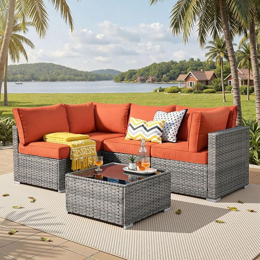 ovios Outdoor 5 Piece Coversation Set with Coffee Table,Sectional Patio Furniture Set with All-Weather Wicker Sofa,Modern Outside Couch for Balcony Backyard Pool, Orange
