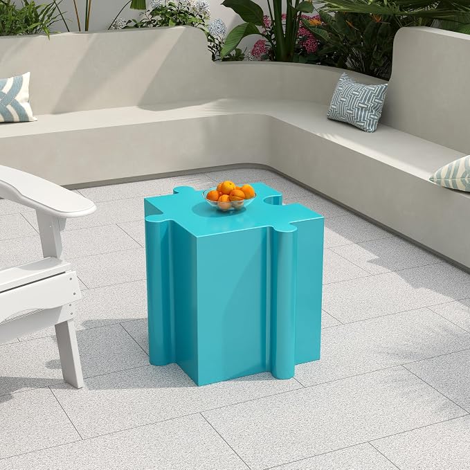 Christopher Knight Home Daton Interlocking Puzzle Outdoor Side Table, Lightweight Concrete Patio Coffee Table, Convex Edge MGO Modular End Table, Creative Set Up for Indoor&Outdoor Use, Sky Blue