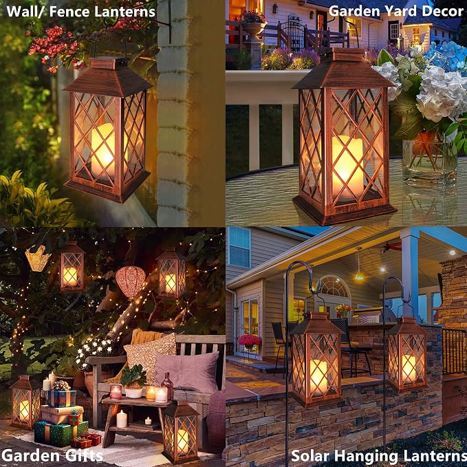 [2 Pack] TAKE ME 14" Solar Lantern Outdoor Garden Hanging Lantern Waterproof LED Flickering Flameless Candle Mission Lights for Table,Outdoor, Mothers Day Gifts Mom Wife