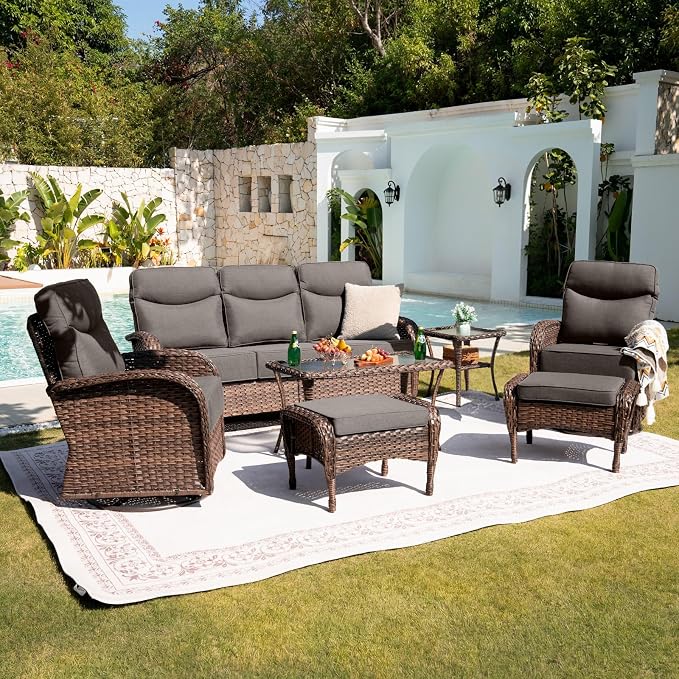 Belord Upgraded 6“ Cushion Luxury Patio Furniture Set - 7 Piece Wicker Furniture Set, Comfort Outdoor Couch and High Back Swivel Rocker Patio Chairs, Conversation Set for Deck Porch - Brown/Grey