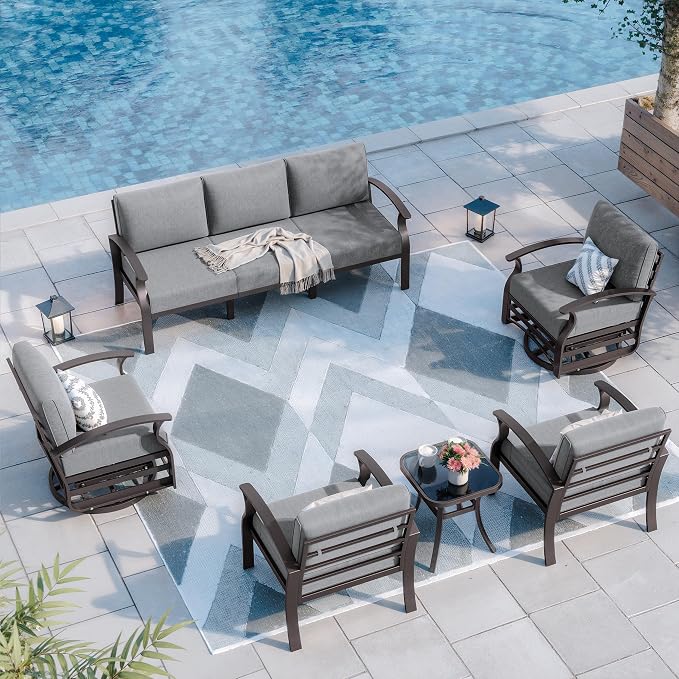 Kurapika Aluminum Patio Furniture Set 7-Seat Modern Metal Outdoor Conversation Sets w/Swivel Rocking Chairs Patio Sectional Sofa w/5.1 Inch Cushion, Grey