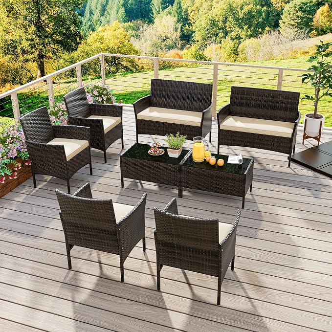 4 Piece Patio Furniture Set, Sectional Conversation Sofa Set with Glass Coffee Table, Cushions & Loveseat, Wicker Outdoor Table and Chairs for Pool, Garden, Deck, Backyard (2, Beige)