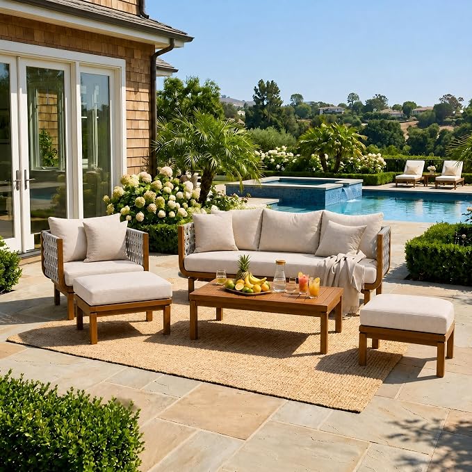 Christopher Knight Home Gwen 5 Piece Acacia Wood Patio Conversation Set with Sofa, Coffee Table, Ottomans and Club Chair, Patio Sofa Set with Cushions, Outdoor Patio Furniture Set, Teak+Beige