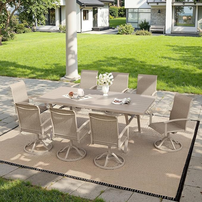 VICLLAX 9 Pieces Patio Outdoor Dining Set, 8 Swivel Textilene Chairs and 70" Rectangular Metal Table with Umbrella Hole for Porch, Deck, Garden, Sandshell