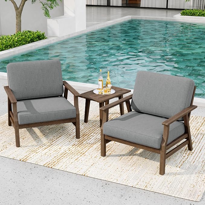 3 Piece Wood Patio Chair Outdoor Bistro Set, Outdoor Armchair All Weather Patio Sofa Furniture Backyard Conversation Sets with Wooden Side Table, Gray
