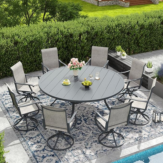 DIFY Outdoor Dining Set for 8, 9 Piece Patio Table and Chairs Set, Swivel Patio Dining Chairs with Textilene Fabric & 63" Round Metal Dining Table with Umbrella Hole, for Garden Backyard Deck, Grey
