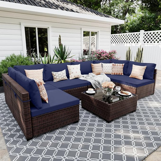 UPHA 7 Pieces Patio Furniture Sets, Wicker Outdoor Sectional Sofa Couch with Coffee Table, Patio Conversation Set for Deck Backyard Garden, Brown Rattan, Navy Blue Cushion