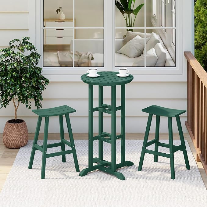 Costaelm Outdoor Bar Table, 42" Counter Height Round Patio Cocktail Bar Table, Patio Bar Table 3-Pieces Set Bistro Dining Table Pub Table for Deck, Backyard, Garden, Dark Green
