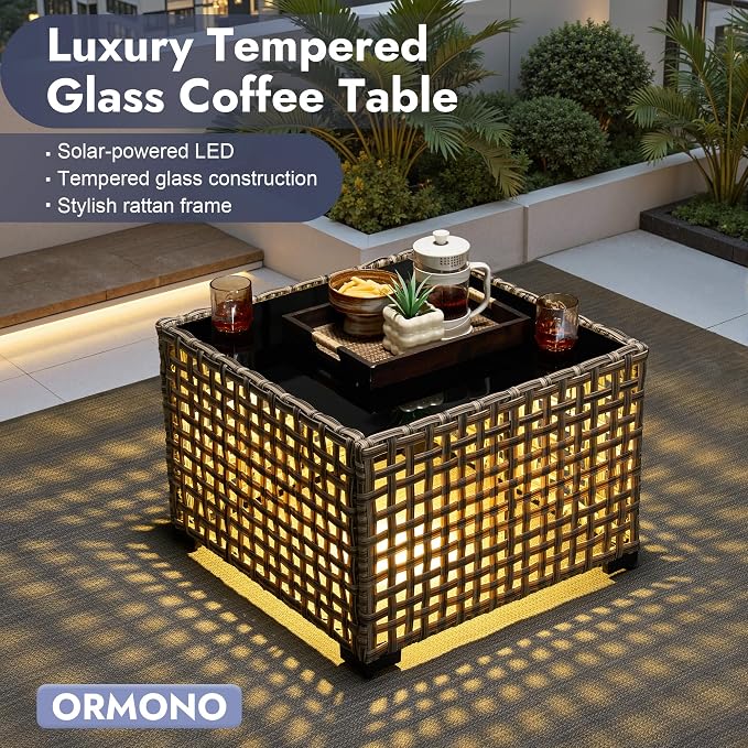 6 PCS Patio Furniture Set, Deep Seat High Back Outdoor Conversation Set with Ottomans, Wicker Outside Furniture with Solar Light Coffee Table for Porch Backyard Balcony, Sunroom, Dark Grey