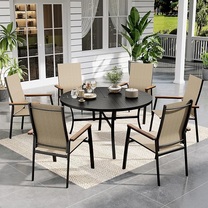 Sophia & William Round Patio Dining Set for 6 with Aluminum Chairs, Beige | Metal table, Stackable sling chairs, Breathable & quick-drying, Light-weight & space-saving, Umbrella Hole, Outdoor, 7 piece