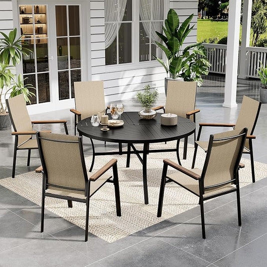 Sophia & William Round Patio Dining Set for 6 with Aluminum Chairs, Beige | Metal table, Stackable sling chairs, Breathable & quick-drying, Light-weight & space-saving, Umbrella Hole, Outdoor, 7 piece
