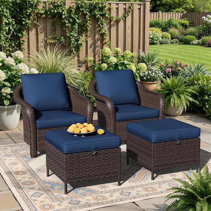 4 Piece Patio Wicker Conversation Set, 2 All-Weather Use Outdoor Wicker Chairs with 2 PE Rattan Ottomans,Ideal for Porch, Backyard, Balcony, Poolside, Blue