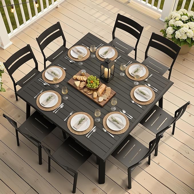 9-Piece Square Outdoor Aluminum Dining Set with Armless Stackable Chairs | 57" Large Square Table with Umbrella Hole Rust Proof Patio Furniture for Backyard Lawn Garden, Black