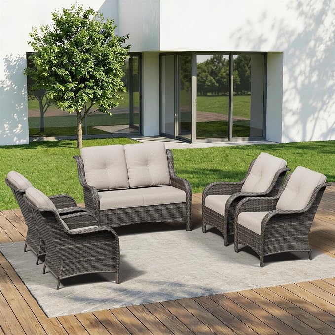 5 Piece Outdoor Wicker Patio Furniture Set, Patio Chairs Set with Thickened Olefin Cushions, High Back and Deep Seating, Hand-Woven PE Rattan for Porch, Deck