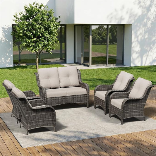 5 Piece Outdoor Wicker Patio Furniture Set, Patio Chairs Set with Thickened Olefin Cushions, High Back and Deep Seating, Hand-Woven PE Rattan for Porch, Deck