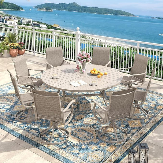 Outdoor Dining Set for 8, 60.1" Metal Round Outdoor Dining Table with Umbrella Hole and Sling Patio Swivel Chairs, 9 Pieces Patio Table and Chairs Set for Garden Backyard, Sandshell