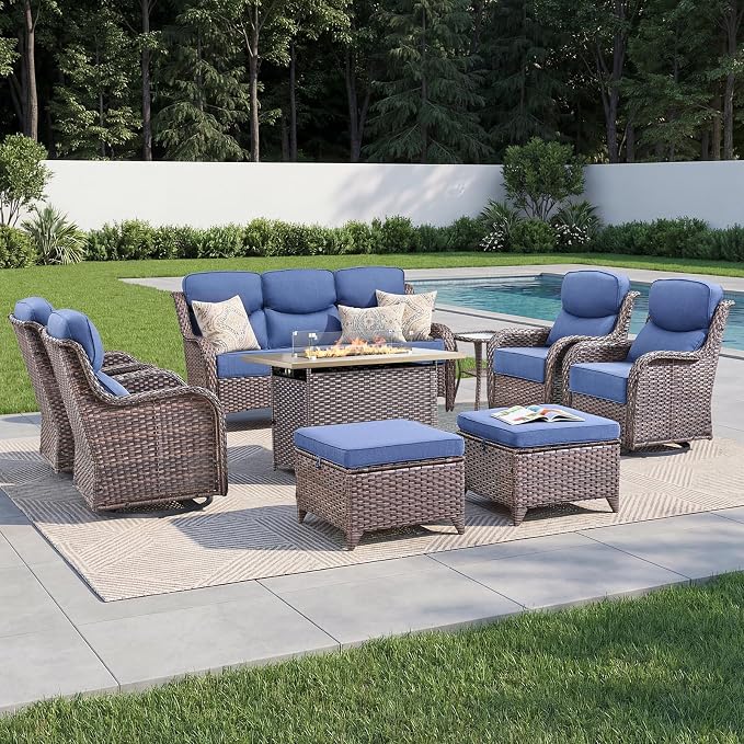 Luxury Patio Furniture Set with 6-inch Thick Cushion, Outdoor Furniture with Fire Pit Table, Swivel Chairs, Sofa, Side Table, Ottomans, 9pcs Wicker Conversation Set (Brown Wicker | Blue Cushion)