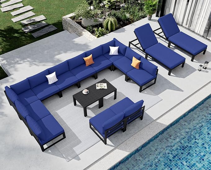 NICESOUL 16 Pcs Large Modern Aluminum Patio Furniture Set, All Weather Modular Sectional Sofa with Chaise & Coffee Table, 500 lbs Heavy Duty Comfy Outdoor Couch for Poolside Backyard, Navy Blue