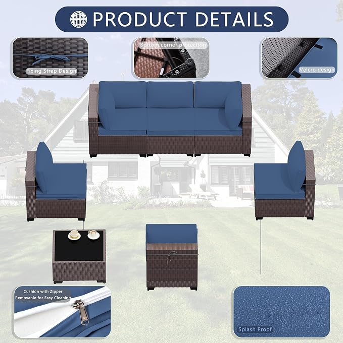 Outdoor Patio Furniture Set, 7 Pieces Outdoor Sectional Furniture Patio Sofa, All-Weather PE Rattan Patio Conversation Set with Tempered Glass Top Table & Cushions(Navy Blue).