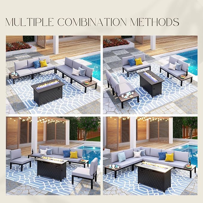 PHI VILLA Metal Patio Furniture Set with Fire Pit Table 6 Piece Modular Modern Outdoor Sectional Sofa Garden Bench Set with Wrought Iron, Light Grey Cushion