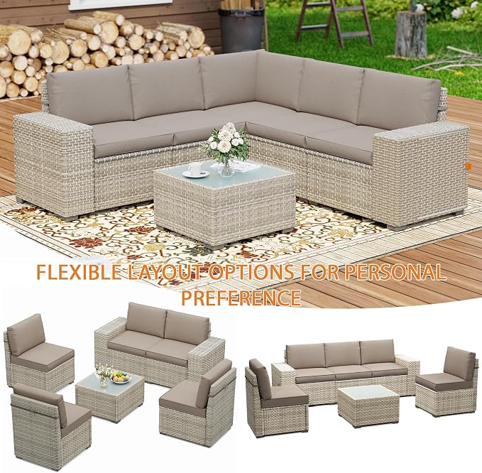 6 Piece Patio Furniture Set, 8" Wide Arm Sectional Sofa Set with Coffee Table, High-Back All-Weather Rattan Outdoor Conversation Set for Garden, Porch, Lawn, Khaki