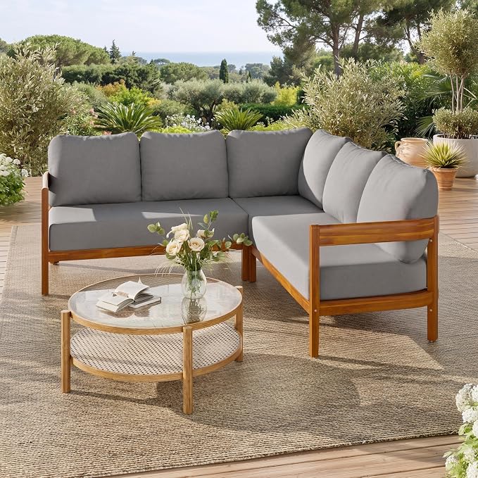 Acacia Wood L-shaped Outdoor Corner Sofa, Patio Conversation Furniture Set With 6 Soft Seat Cushions and Backpack , All Weather Outdoor Patio Sofa with Arc frame for Backyard, Garden (Grey-3.20)