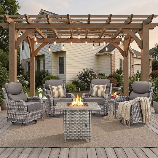 Luxury High Back Patio Furniture Set 30" Fire Pit Table with 6-Inch Thick Cushions, 5-Pieces Outdoor Furniture w/ 4 Swivel Chairs, Wicker Conversation Set for Porch, Balcony, Deck and Yard, Grey/Blue