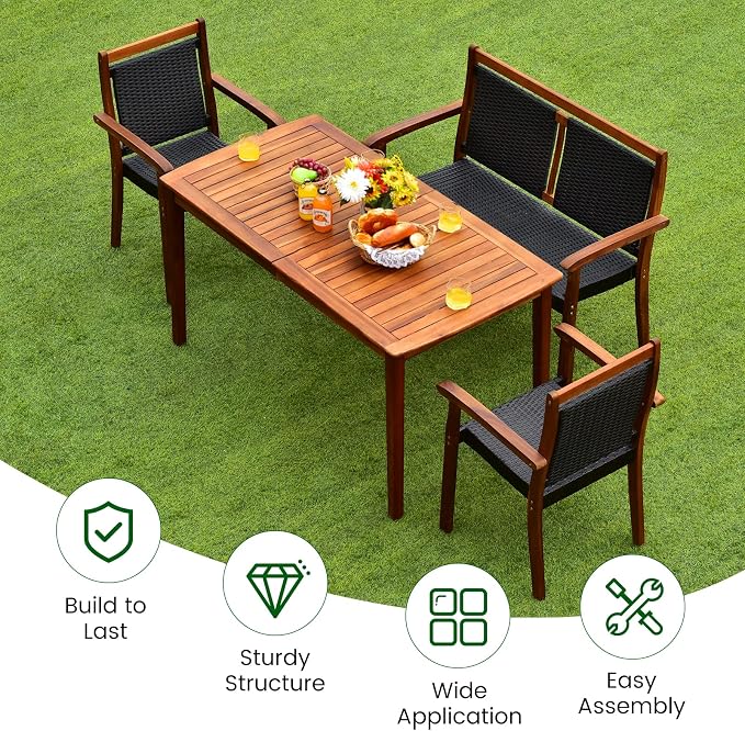 COSTWAY 4 Piece Patio Rattan Dining Furniture Set, Outdoor Acacia Wood Frame Loveseat, Chairs and Table Set with Umbrella Hole for Garden, Backyard, Lawn