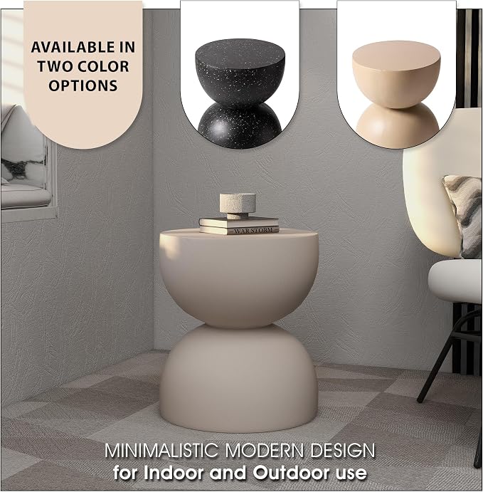 LeisureMod Minimalist Side Table, Fiber stone Round Hourglass Accent End Table Stool for Outdoor Patio, Indoor Home, Living Room Sofa, Weather-Resistant, Sage Series in Beige