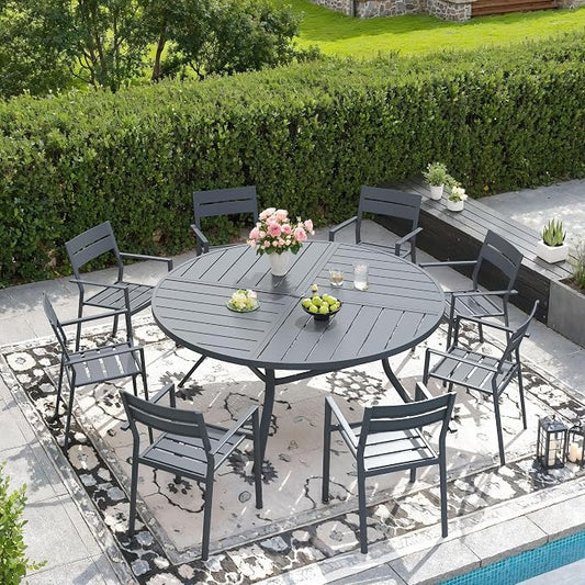 DIFY 9 Piece Outdoor Patio Dining Set for 8, 53.1" Round Dining Table with Umbrella Hole and Stackable Metal Chairs, Patio Table and Chairs Set for Backyard Garden Poolside, Grey