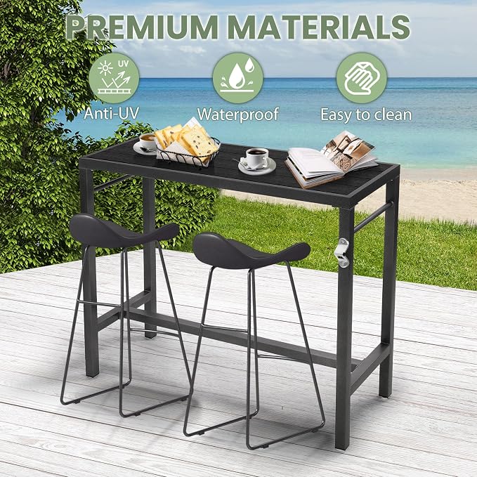 MURAGO 46*39*17 Outdoor Bar Table Extra Wide,Tall Bar Height Outdoor Pub Table, Ideal for Patio, Hot Tub, Dining, Balcony, Poolside, Weatherproof Composite Top, Rustproof, Built In Bottle Opener,Black