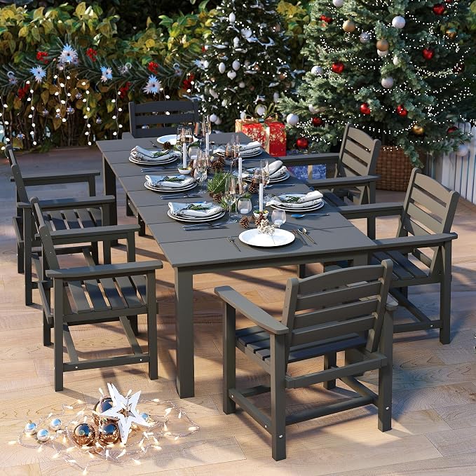 7-Piece Outdoor Dining Set with 75.2" Table for 6,Gray | HDPE material, umbrella hole design, weather-resistant furniture, perfect for garden, lawn, poolside, yard, balcony, deck