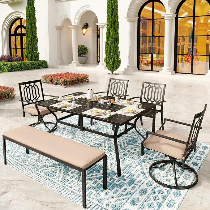SUNSHINE VALLEY Patio Dining Set,60x38 Outdoor Table w/Umbrella Hole | Outdoor Table and Chairs Set w/ Umbrella Hole, 2 Leg Chairs, 2 Swivel Chairs, 1 Metal Table and 1 Cushioned Bench