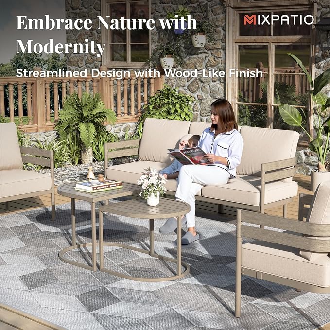 MIXPATIO 5-Piece Patio Outdoor Conversation Furniture Set with 2 Swivel Chairs, Steel Modern Outdoor Patio Conversation Sets with Thick Cushions for Porch, Balcony, Backyard - Beige