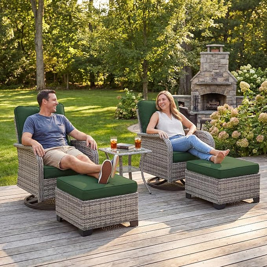 Outdoor Patio Furniture Set Patio Rocking Swivel Chair with Tempered Glass Side Table, Outdoor Wicker Rattan Bistro Set with Ottomans for Garden, Deck, and Balcony, Green